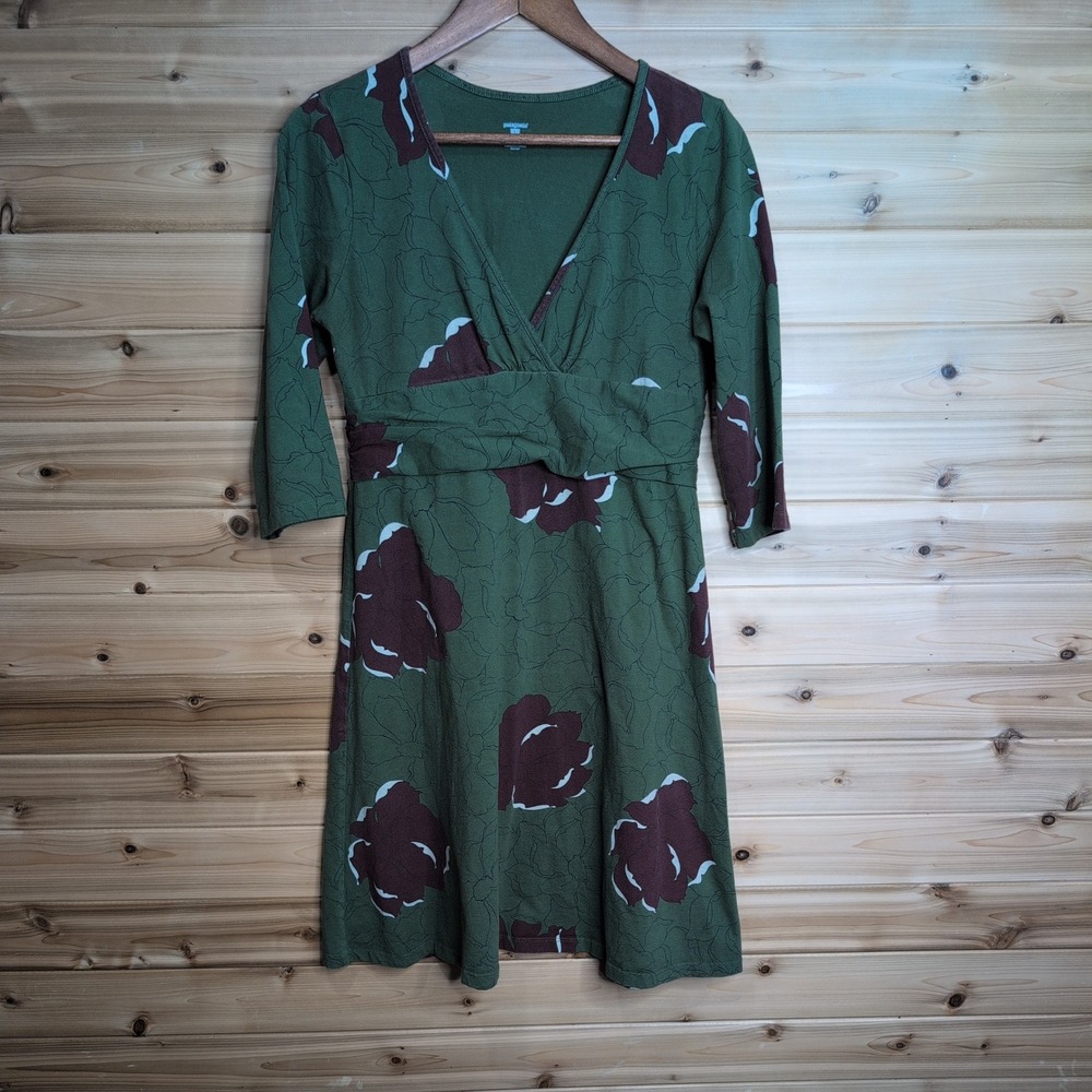 Patagonia Kamala Dress L Green Floral Organic Cotton V-Neck 3/4 Sleeve 58870FA11